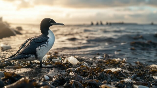 Common murre on rocky shore, ocean pollution visible in the background