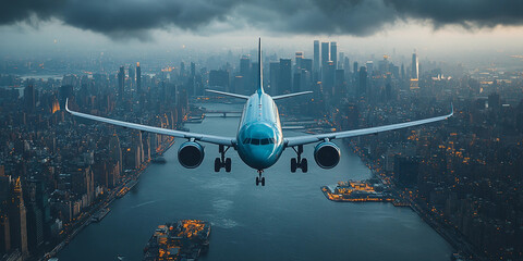 plane in the sky, airplane landing at night