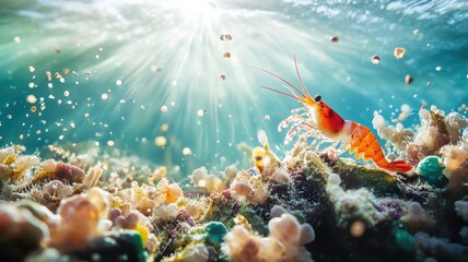 Fototapeta premium Bright coral shrimp in polluted reef waters, highlighting marine vulnerability
