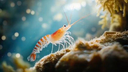 Vibrant coral shrimp clinging to reef, surrounded by microplastics and toxins