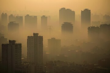 City skyline enveloped in fog during sunrise, showcasing towering skyscrapers and a serene atmosphere in the early morning