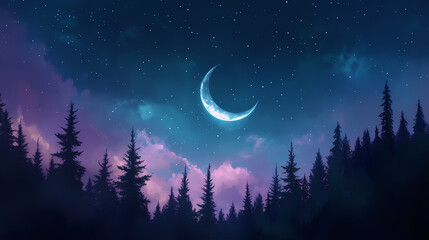 Naklejka premium A bright, crescent moon glows amidst a star-filled night sky, with subtle cloud wisps and a dark silhouette of trees in the foreground. Celestine. Illustration