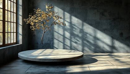 Sunlit Studio Room With Minimalist Circular Platform and Tree