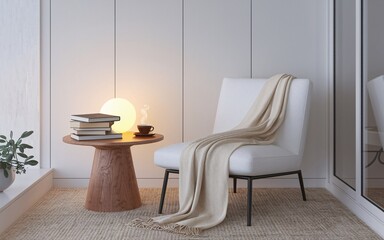 Cozy reading nook with armchair, books, and warm light.