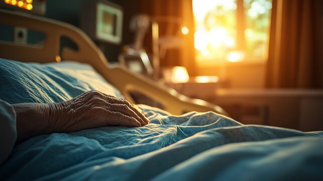 Golden hour in hospital Senior patient s hand rests on bed, sunlight signifies hope.