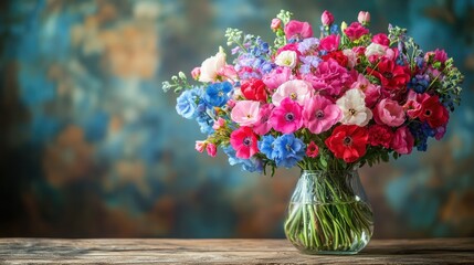 A vibrant bouquet of mixed flowers in a glass vase against a blurred background.