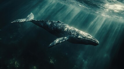 Fototapeta premium Whale in open waters with pollutants, emphasizing dangers to marine giants