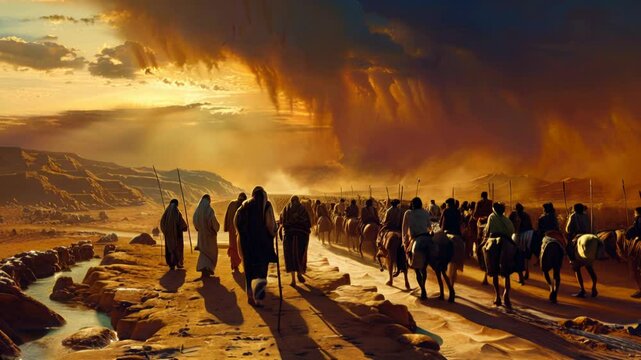 Exodus of the bible, Moses crossing the desert with the Israelites,