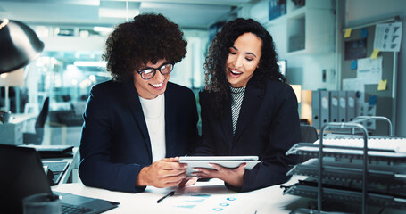 Happy, business people or night with tablet for analytics, company statistics or profit at office. Businessman, woman or colleagues working late with smile on technology for corporate revenue or data