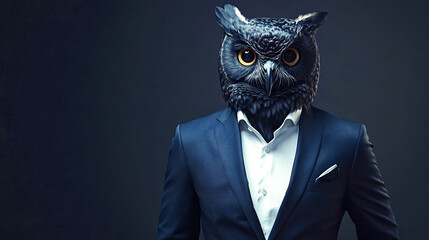 Owl-headed male in business suit with dark background