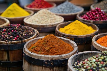 Vibrant display of spices in wooden containers at a lively market in an exotic location during daytime