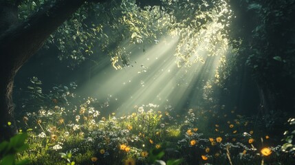 Obraz premium Enchanting Forest Scene with Sunlight and Colorful Wildflowers