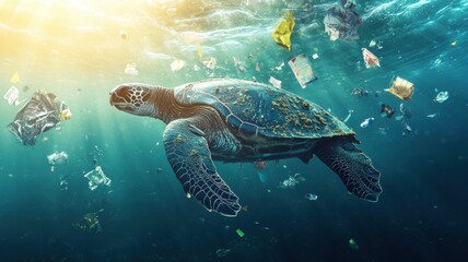 Fototapeta premium Leatherback turtle in open waters, sunlight revealing oil and microplastics