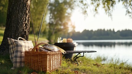 Lakeside picnic basket with freshly caught fish and fishing rods.
