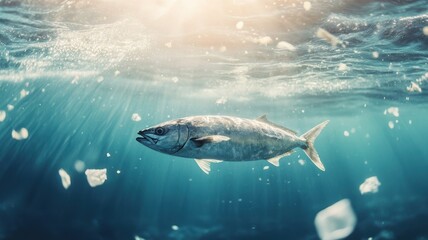 Fototapeta premium Polluted coastal waters with mackerel, sunlight reflecting on its body