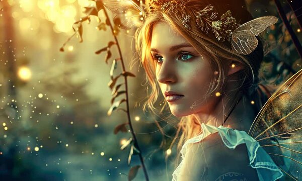 Ethereal female faerie in enchanted forest setting with glowing lights