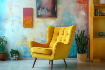 Moderne gelbe Lounge-Sessel in stilvollem Raum mit Kunstwerken

