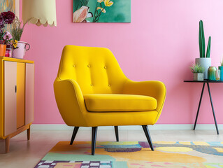 Moderne gelbe Lounge-Sessel in stilvollem Raum mit Kunstwerken

