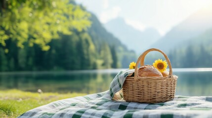 Picnic basket by a serene lake with mountains in the background.