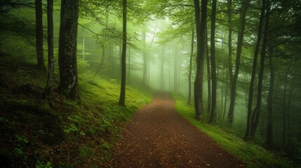 Obraz premium Enchanted Forest Pathway in Misty Morning