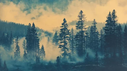 Ethereal Misty Forest Landscape with Tall Evergreen Trees at Dawn