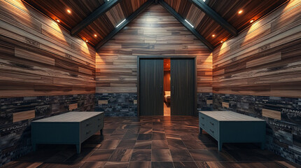 A room with wood paneling walls and a high, peaked ceiling. Dark teal low tables flank a dark double door.  The floor is dark hardwood. Recessed lighting illuminates the space.