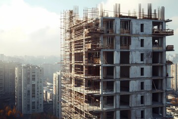 Fototapeta premium Abandoned apartment block with scaffolding around