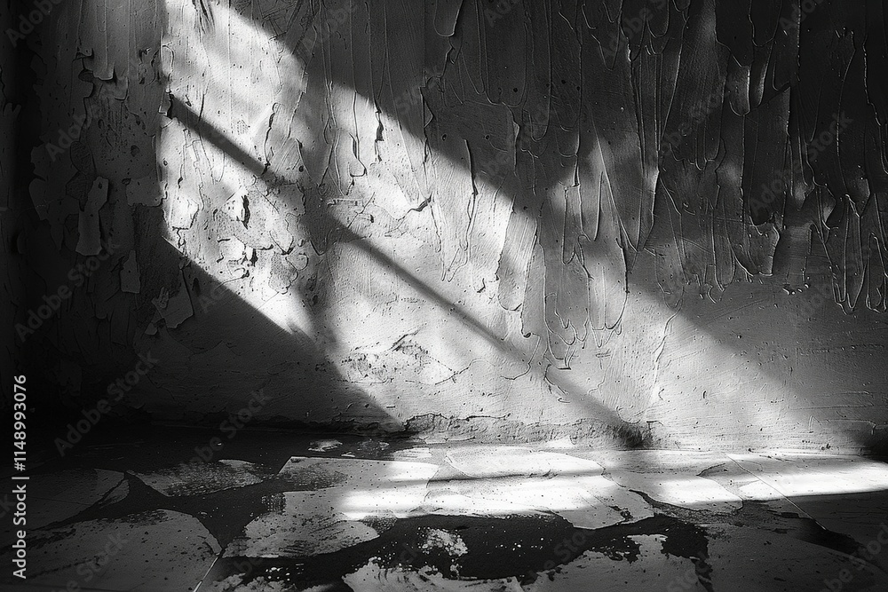 Poster shadows and light create a striking contrast on peeling walls in an abandoned room during late after