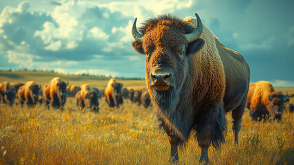 An awe-inspiring scene of a herd of bison grazing on a grassy plain, with a backdrop of rolling hills and a dramatic sky, capturing the essence of the American West.