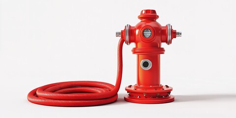 Bright red fire hydrant with a metallic nozzle and coiled hose, ideal for safety presentations