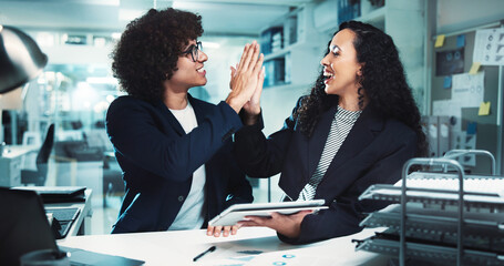 High five, success and teamwork with business people and tablet in office for data analysis, company profit and support. Finance projection, deal and partnership with employees for winner and news