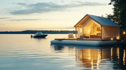 Fototapeta premium Luxury lakeside glamping tent at sunset with a boat.