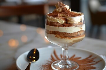 Delicious dessert served in a glass dish featuring layers of cream, chocolate, and garnish in a restaurant setting during a dining experience