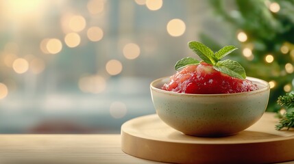 Cranberry sauce in a bowl, festive holiday setting.