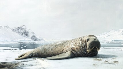 Walrus on Arctic ice with polluted waters, environmental challenges