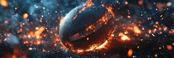 Fiery Rugby Ball Engulfed in Flames and Sparks A Dramatic Representation of Power and Intensity