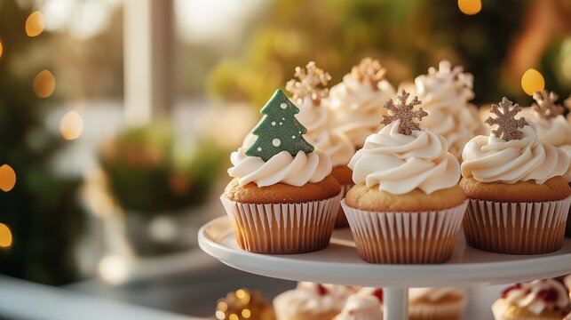 Festive cupcakes decorated with Christmas trees and snowflakes.