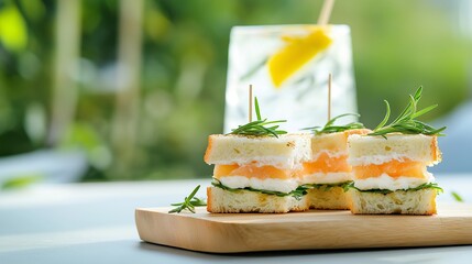 Delicious salmon finger sandwiches with rosemary garnish.