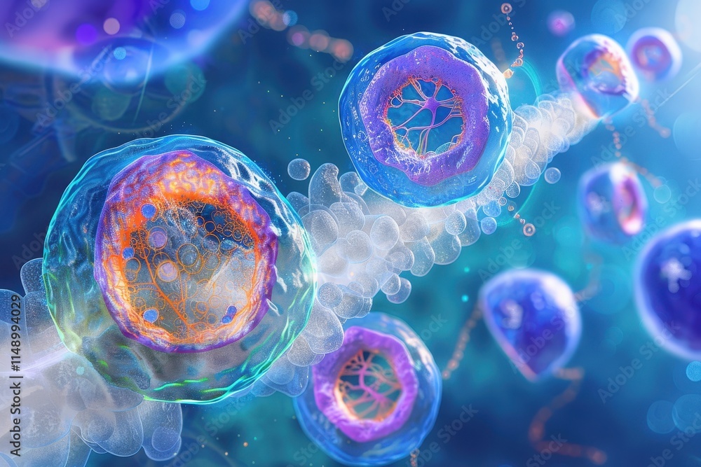 Poster Illustration of cell division and cellular structures in a scientific context showing various stages of mitosis and cell functionality