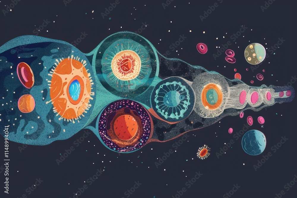 Poster Illustration of cell division and cellular structures in a scientific context showing various stages of mitosis and cell functionality