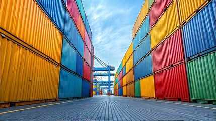 Fototapeta premium Vibrant shipping containers stacked high at industrial port colorful landscape view