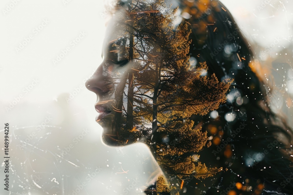 Poster artistic representation of a woman's profile blended with nature elements during a serene moment in 