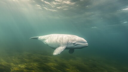 Fototapeta premium Beluga whale in arctic waters with microplastics, symbolizing vulnerability and pollution