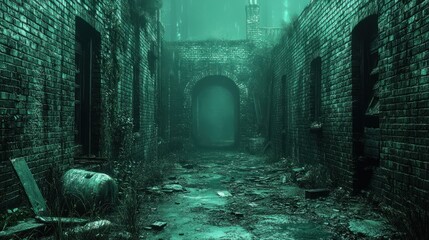 A desolate alleyway in an eerie, overgrown environment with a mysterious fog.