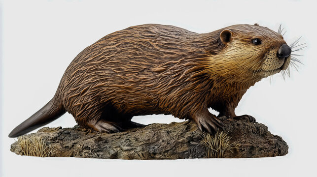 Realistic sculpture of a detailed brown beaver on a rock - Powered by Adobe