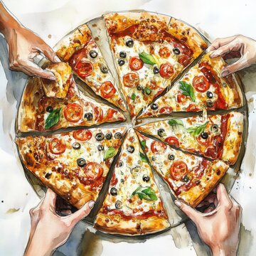 . Top View of Hands Taking Pizza Slices at a Corporate Par   .jpeg