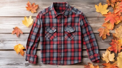 Naklejka premium Red and Gray Checkered Shirt on Wooden Background with Leaves