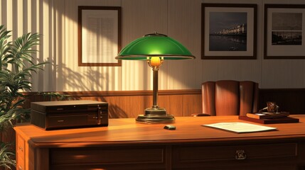 Cozy Office Workspace with Green Glass Lamp and Wooden Desk