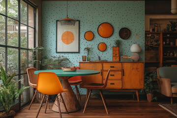 Salle à Manger Vintage et Pop avec Tapisserie Abstraite, Chaises Retapissées et Buffet Rétro