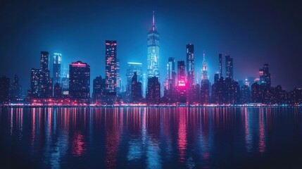 Fototapeta premium A vibrant city skyline at night, illuminated by colorful lights reflecting on water.